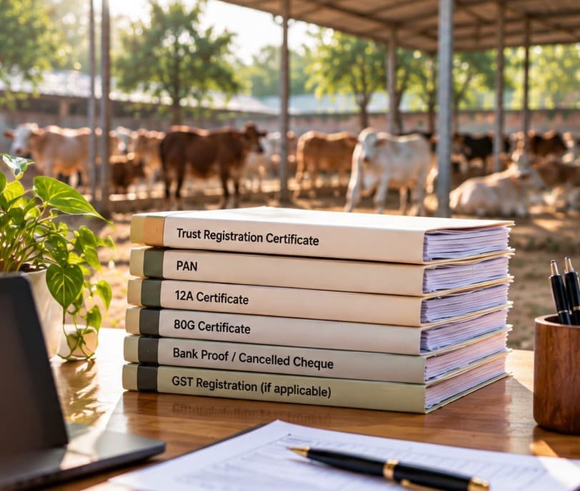 Six labelled document files stacked on a desk in front of a cow shelter