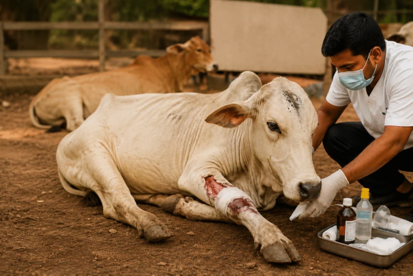 An injured cow being treated by a shelter worker